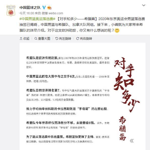 男篮世界杯希腊队赛程 男篮官微发文介绍希腊队(1)