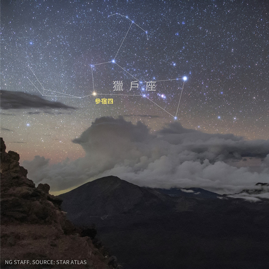 猎户座从夏威夷哈里亚卡拉火山（Haleakala Crater）的上方升起。 影像中两颗较亮的恒星是参宿四和参宿七。 PHOTOGRAPH BY BABAK T